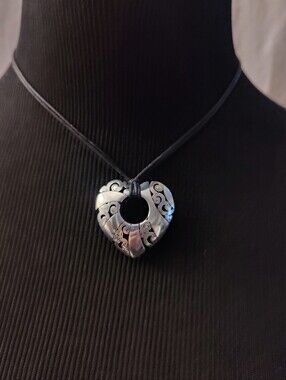 BRIGHTON Silver Tone Open Heart Pendant Necklace Black Cord Scroll Design 16-19"